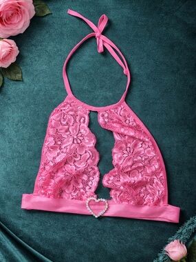 Shirley of Hollywood Hot Pink Lace Halter Bralette with Heart Charm